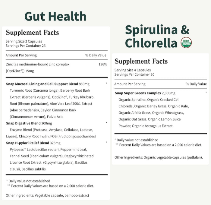 SNAP Gut Health Spirulina supplement facts