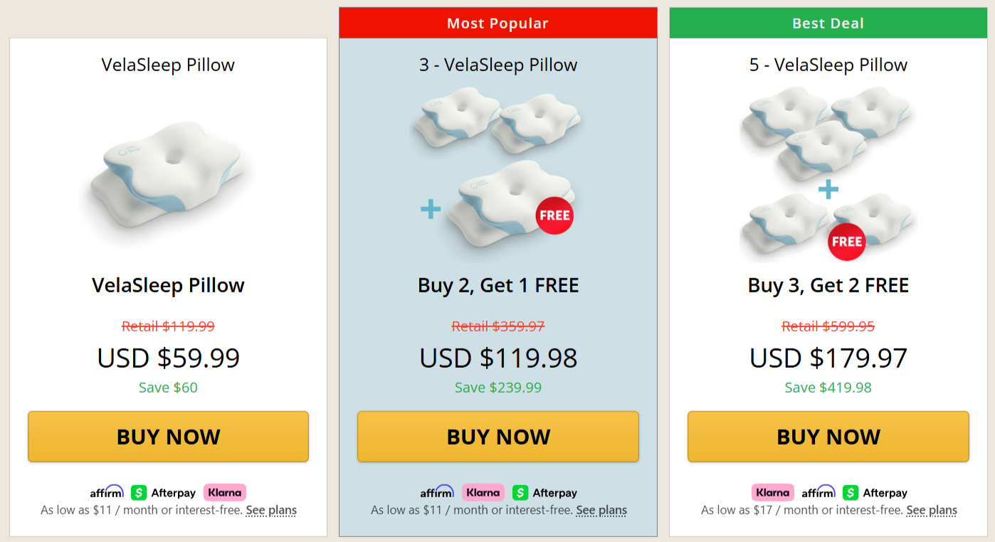 VelaSleep Pillow prices