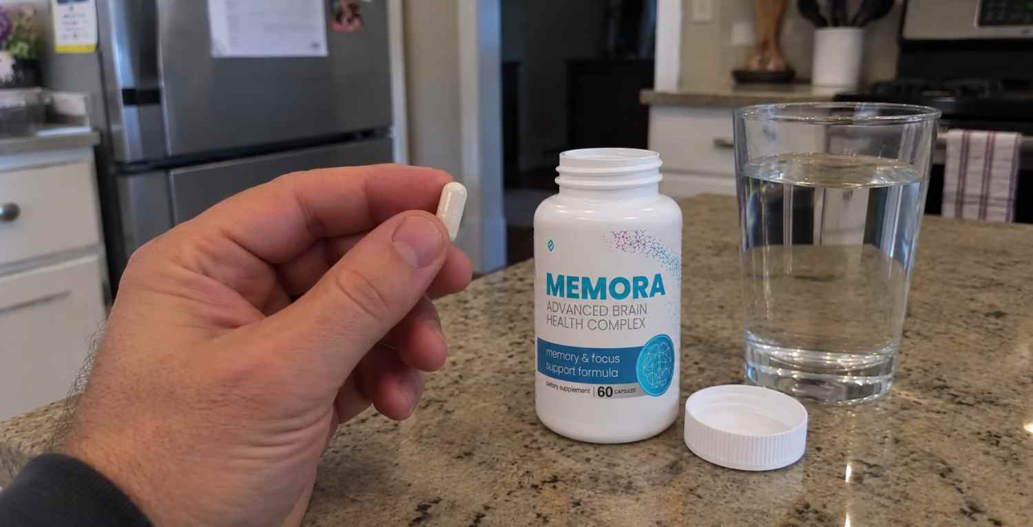 Memora brain health bottle in kitchen