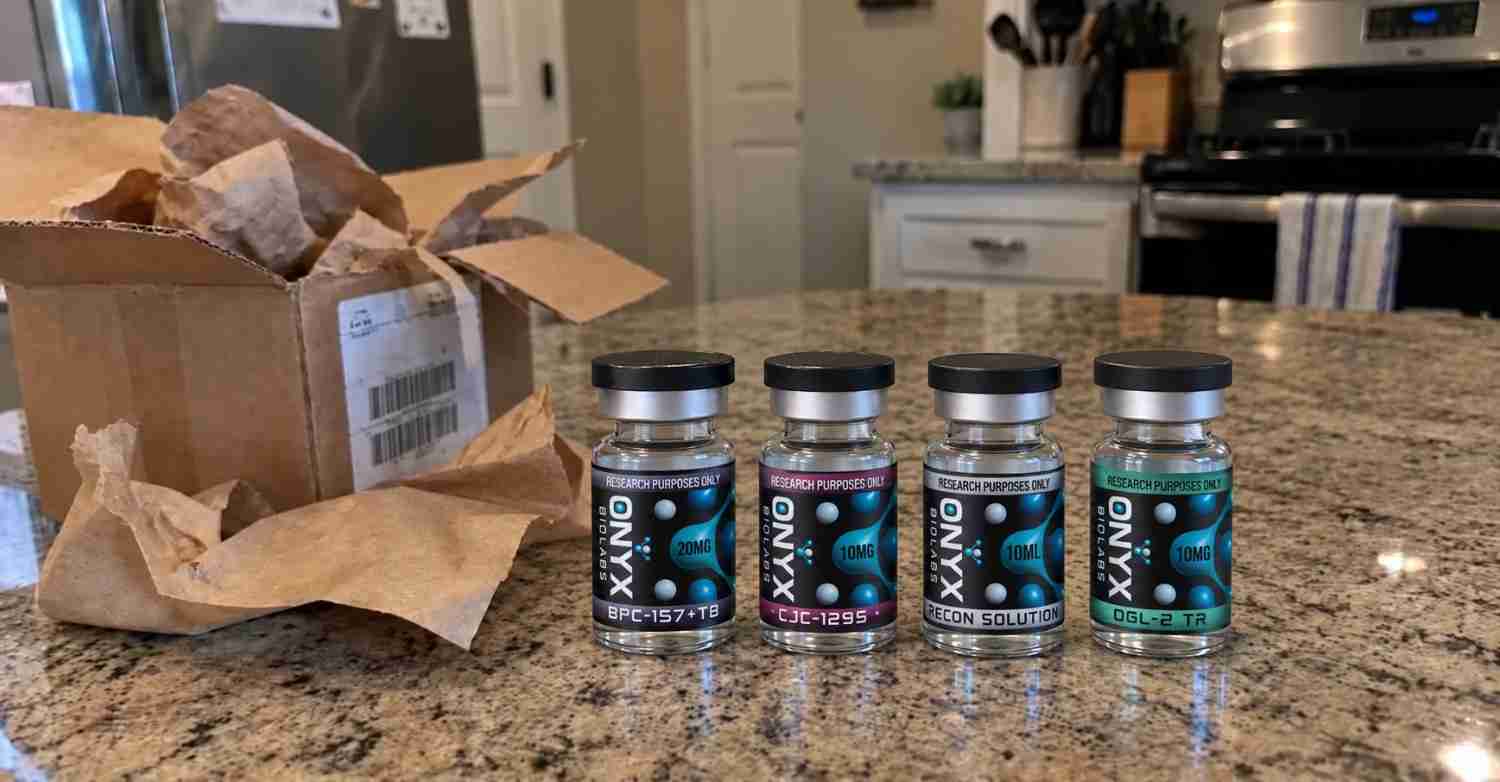 Onyx Biolabs vials beside open delivery box