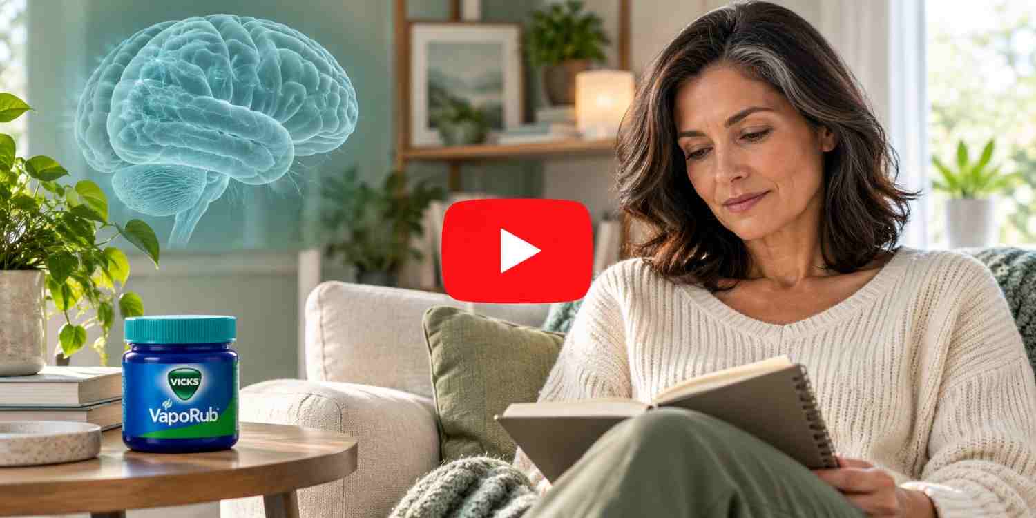 Thoughtful woman Vicks jar and brain graphic 1